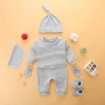 Ensemble vêtements nouveauné coton pur cadeau pleine lune bonnet nœud gants chaussons tablier gris doux boutons pression bébé 01 ans usage quotidien