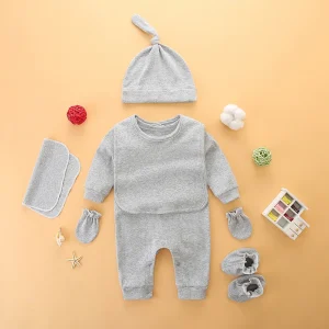 Ensemble vêtements nouveauné coton pur cadeau pleine lune bonnet nœud gants chaussons tablier gris doux boutons pression bébé 01 ans usage quotidien