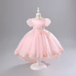 Robe de soirée princesse pour enfants robe formelle en tulle robe d&rsquo;anniversaire traînante occasion festive style européen rose pâle