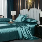 Parure de lit nordique en soie housse de couette drap et taie d&rsquo;oreiller luxe couple simple double été 1/2 personnes solide  Moonlight Blue