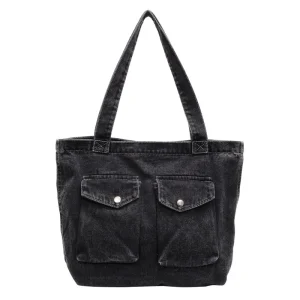 Sac fourretout en denim polyvalent pour usage quotidien style décontracté grande capacité noir femme sac à bandoulière idéal étudiants plage courses Sac fourretout en denim polyvalent pour usage quotidien style décontracté grande capacité noir femme sac à bandoulière idéal étudiants plage courses