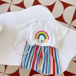 Ensemble 2 pièces bébé fille tshirt manches courtes short rayé arcenciel mode été tenue décontractée FANMA KIDS