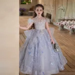 Robe de soirée pour filles exquise haut de gamme robe de princesse spectacle de Piano Costume de défilé style européen couleur grise 713 ans