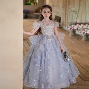 Robe de soirée pour filles exquise haut de gamme robe de princesse spectacle de Piano Costume de défilé style européen couleur grise 713 ans