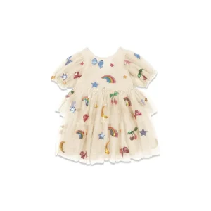Robe d&rsquo;été pour filles collection danoise style princesse nœud et paillettes motifs colorés tissu tulle ajustement élastique occasion festive 2025 beige