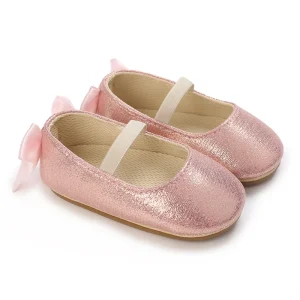 Chaussures bébé printemps automne fille confortables douces semelle caoutchouc antiglisse nœud satin rose métallisé 01 ans