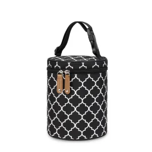 Sac isotherme cylindrique portable piquenique randonnée Design moderne polyester fermeture éclair métallique Poignées simili cuir Entretien facile Noir et blanc Sac isotherme cylindrique portable piquenique randonnée Design moderne polyester fermeture éclair métallique Poignées simili cuir Entretien facile Noir et blanc