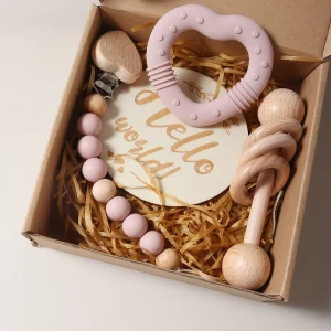 Ensemble Jeu Dentition Bébé Silicone Cœur Bois Éveil Élégant Cadeau 02 Ans