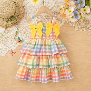 Robe d’été pour bébé fille motif carreaux multicolore écharpe à nœud jaune 12 ans tissu léger cotonpolyester Robe d’été pour bébé fille motif carreaux multicolore écharpe à nœud jaune 12 ans tissu léger cotonpolyester