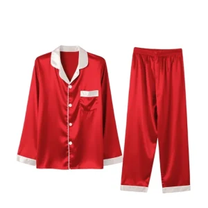 Ensemble pyjamas Noël en famille pour parents style élégant couleur rouge vif matériau satiné confort nocturne