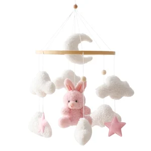 Mobile en bois pour lit bébé jouets en feutre doux cloche musicale accessoire de relaxation pour nouveauné 012 mois  Lapin rose