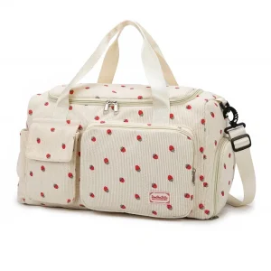 Sac fourretout de voyage en velours côtelé sac de sport et fitness grande capacité poignées et bandoulière ajustable motifs fraises idéal pour poussette et bébé Sac fourretout de voyage en velours côtelé sac de sport et fitness grande capacité poignées et bandoulière ajustable motifs fraises idéal pour poussette et bébé