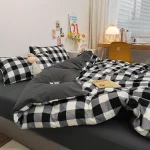 Ensembles de literie japonais en coton lavé brossé housse de couette respectueuse de la peau style damier moderne pour lit double 2 taies d&rsquo;oreiller inclues