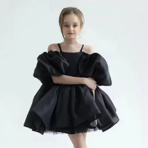 Robe princesse à gros nœud pour filles robe de fête d&rsquo;anniversaire de mariage en maille élégante à la mode vêtements doux pour enfants de 3 à 8 ans  Black