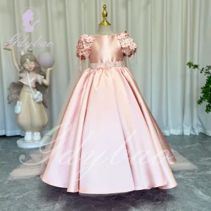 Robes de demoiselle d&rsquo;honneur pour mariage, en Satin, rose, perles, longueur au sol, robe de bal pour séance photo, robes de première Communion – Pink