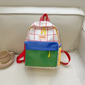 Sac à dos enfants design coloré imperméable grand compartiment bretelles ajustables sac école loisirs style moderne motif carrés multicolore message inspirant