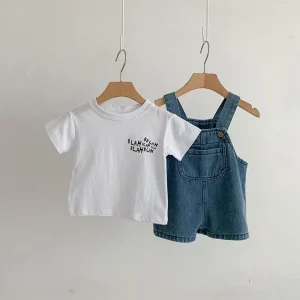 Ensemble de vêtements d&rsquo;été pour bébé garçon et fille tshirt et salopette en denim 0 à 3 ans 2PCS set
