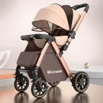Poussette bébé pliable tige bidirectionnelle 4 roues amorti choc landau intégré moustiquaire style moderne couleur marron beige