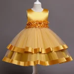 Robe princesse en satin et tulle pour filles fêtes mariage Noël occasion spéciale jaune enfants 210 ans ceinture fleurs