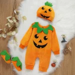 Barboteuse en Forme de Citrouille avec Chapeau pour Enfant, Costume de Cosplay, Combinaison Décontractée d&rsquo;Halloween, pour Garçon et Fille de 0 à 3 Ans, une Pièce, Été – Orange