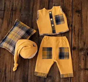 Ensemble Vêtements Bébé Garçon NouveauNé Chapeau Pantalon Gilet Accessoires Photo 3 Pièces Coton Polyester Style Patchwork Élégant Toutes Saisons