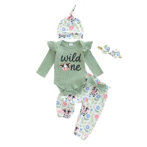 Tenue 4 pièces pour bébé fille décontractée motifs floraux et animaux coton doux ajustement confortable cadeau naissance ou anniversaire