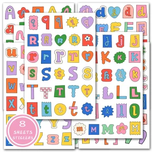 Étiquettes autocollantes alphabet décoratives 8 feuilles couleurs vives motifs variés pour scrapbooking arts créatifs personnalisation enfant cadeau créatif Étiquettes autocollantes alphabet décoratives 8 feuilles couleurs vives motifs variés pour scrapbooking arts créatifs personnalisation enfant cadeau créatif
