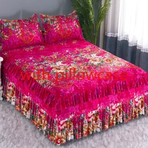 Ensemble de literie floral avec housse de couette et taies d&rsquo;oreiller lit double design contemporain matelas universel texture douce couleur rose vif motifs multicolores style bohème confort et élégance