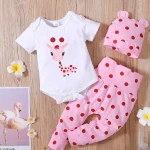 Ensemble 3 pièces unisexe nouveauné printempsautomne coton girafe pois body pantalon bonnet 03 mois doux confort bébé fille garçon