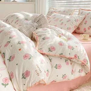 Parure de lit floral en coton bébé housse de couette draps taie d&rsquo;oreiller décoration chambre enfant douceur et sécurité