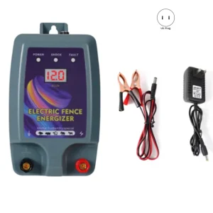 Électrificateur de clôture électrique pour animaux de ferme avec connecteurs à clip et batterie pour bétail moutons volailles prise américaine gris Électrificateur de clôture électrique pour animaux de ferme avec connecteurs à clip et batterie pour bétail moutons volailles prise américaine gris