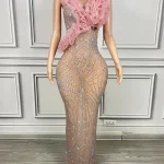 Robe de soirée formelle strass luxury sirène longue occasion spéciale décolleté V épaule ornée tissu transparent