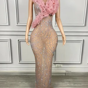 Robe de soirée formelle strass luxury sirène longue occasion spéciale décolleté V épaule ornée tissu transparent