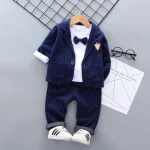 Ensemble 3 pièces bébé garçon costume gentleman automne bleu marine rayures blanches Tshirt pantalon blazer accessoire nœud papillon tissu coton polyester tenue élégante moderne pour 1 2 3 4 ans