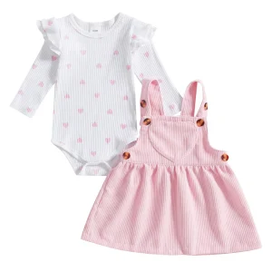 Ensemble vêtements bébé fille body rayures salopette bretelles imprimé cœur 2 pièces matériau coton doux idéal naissance