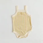 Bodysuit bébé fille été sans manches coton doux motif plaid jaune style moderne bébé 02 ans vêtements confortables