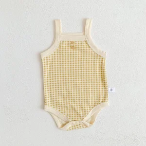 Bodysuit bébé fille été sans manches coton doux motif plaid jaune style moderne bébé 02 ans vêtements confortables