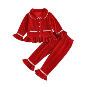Ensemble pyjama 2 pièces en velours doux style moderne vintage élégant volants boutons détails blancs confort nocturne Ensemble pyjama 2 pièces en velours doux style moderne vintage élégant volants boutons détails blancs confort nocturne