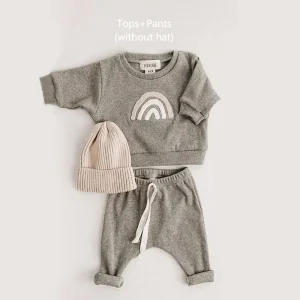 Ensemble vêtements bébé 13 ans haut arcenciel pantalon élastique bébé fille garçon doux confortable coordonné chapeau beige