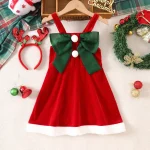 Robe de Noël pour filles robe en velours rouge avec nœud vert fausse fourrure blanche accessoire de fête pour enfants style européen