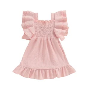 Robe princesse pour enfant volants manches flottantes col carré silhouette smockée robe d’été ou de fête style frais et élégant Robe princesse pour enfant volants manches flottantes col carré silhouette smockée robe d’été ou de fête style frais et élégant