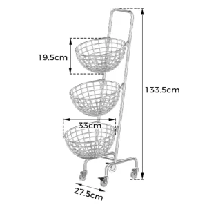 Rangement cuisine métal fruits légumes 3 paniers ronds roulettes support mobile design moderne chrome Rangement cuisine métal fruits légumes 3 paniers ronds roulettes support mobile design moderne chrome