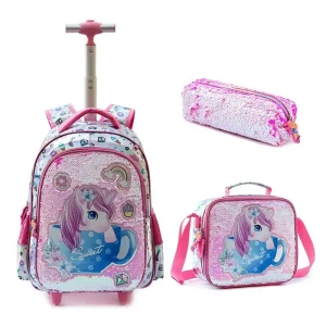 3 pièces sacs d&rsquo;école pour enfants sac à dos à roulettes pour fille ensemble de sacs pour enfants avec sac à déjeuner sacs à dos d&rsquo;école à paillettes mignons pour les enfants du primaire  Pink Unicorn