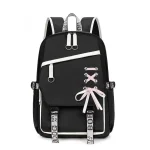 Sac d&rsquo;école moderne à dos avec bandoulière en nylon design épuré fermeture éclair poche avant couleurs noire et rose pour adolescents filles garçons