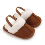 Pantoufles d&rsquo;hiver bébé chaussures intérieur enfant confort antiglisse matériau doux style mignon premier âge 01 ans 2 bandes élastiques suédine marron doublure blanche Easy Poussette