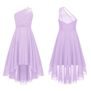Robe princesse longue asymétrique en polyester doux couleur lavande robe de mariage enfant robe de soirée élégante robe longue pour fêtes occasions spéciales enfants 713 ans