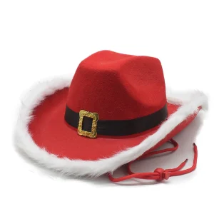 Chapeau cowboy bébé Noël doux fourrure blanche style festif rouge vif accessoire cadeau