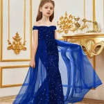 Robe de Soirée Fille Élégante sans Manches Paillettes Tulle Fête Mariage Classique Longue de Cheville Matière Douce Confortable