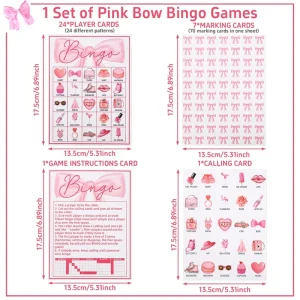 Jeu de Bingo thème nœud rose 24 cartes 70 numéros cadeau anniversaire filles fêtes familiales jeu de société décoration mariage accessoires fêtes enfants Jeu de Bingo thème nœud rose 24 cartes 70 numéros cadeau anniversaire filles fêtes familiales jeu de société décoration mariage accessoires fêtes enfants