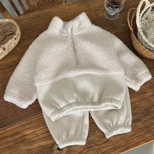 Ensemble vêtements bébés 13 ans sweatshirt et pantalon polaire tenue décontractée hiver/automne beige et rose pâle